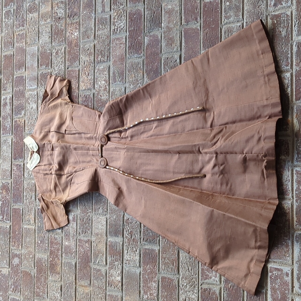 Vintage Late 1950s Mr. Mort Faun Brown Silk Princess Seam Midi Dress w/ Buttons